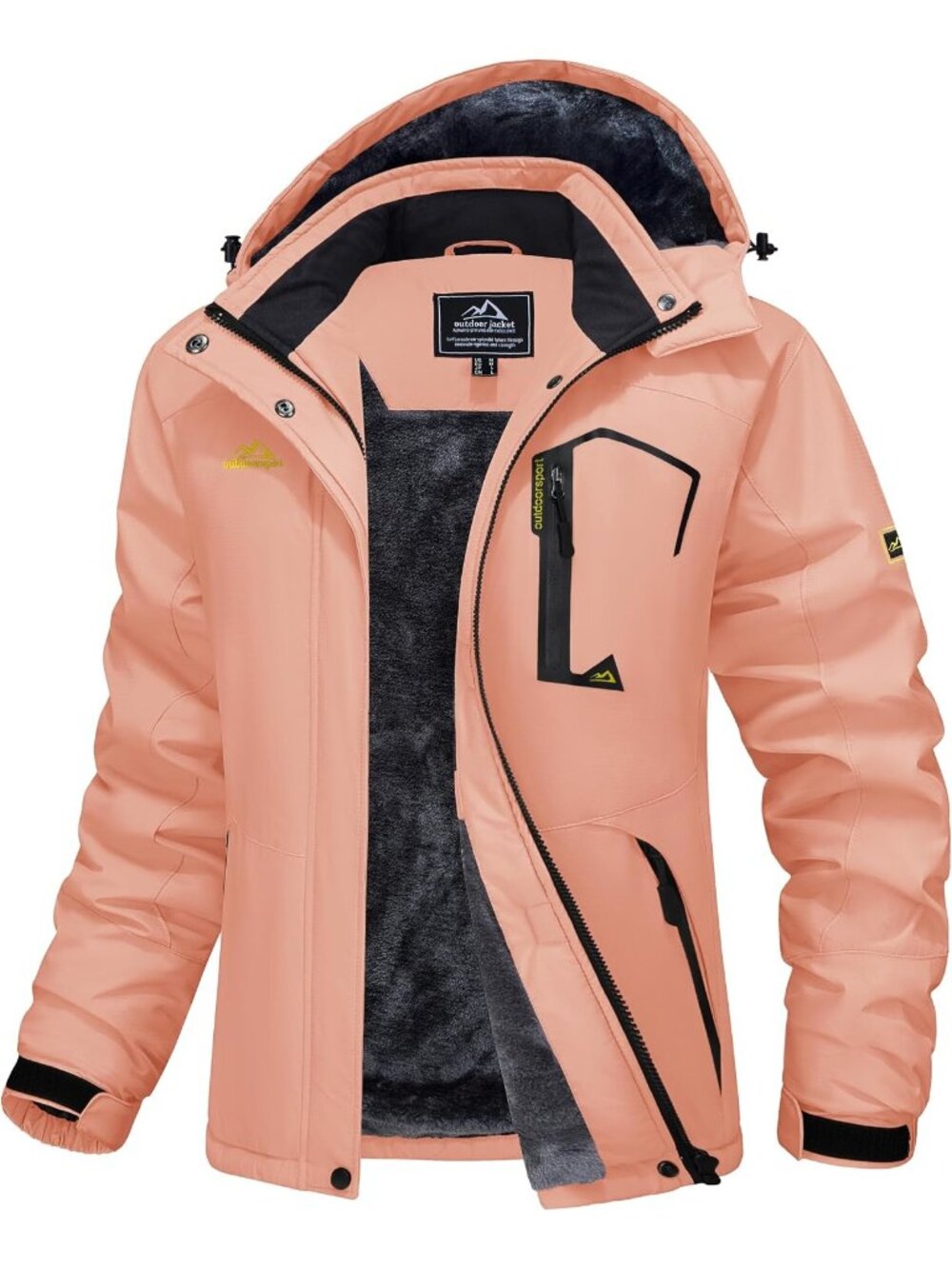 Women Apricot Band Collar Multiple Pockets Insulated Thermal Ski Jackets
